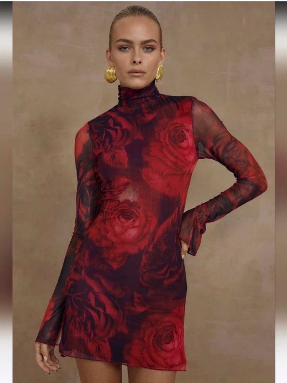 Red Floral Long Sleeve Mini Dress